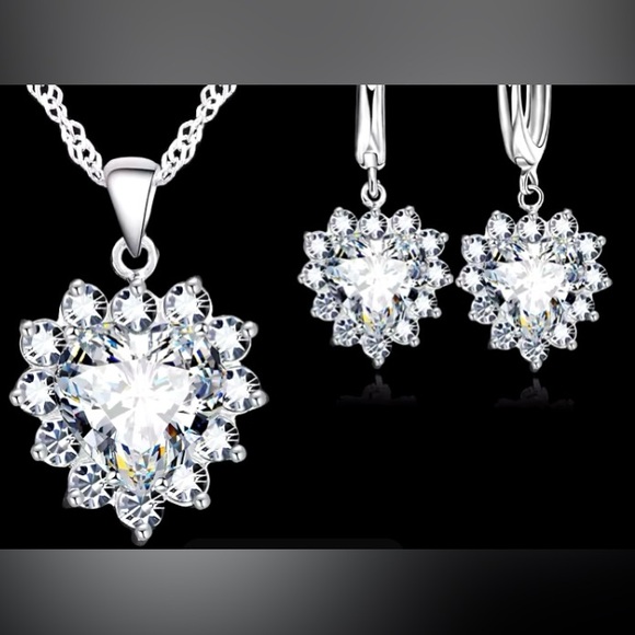 Jewelry - Sterling Silver Cubic Zirconia Heart Earrings Necklace Set